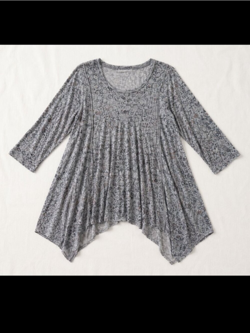 Grizas 100% Linen Tunic Top Gray Floral Asymmetrical Hem Lagenlook 14/40